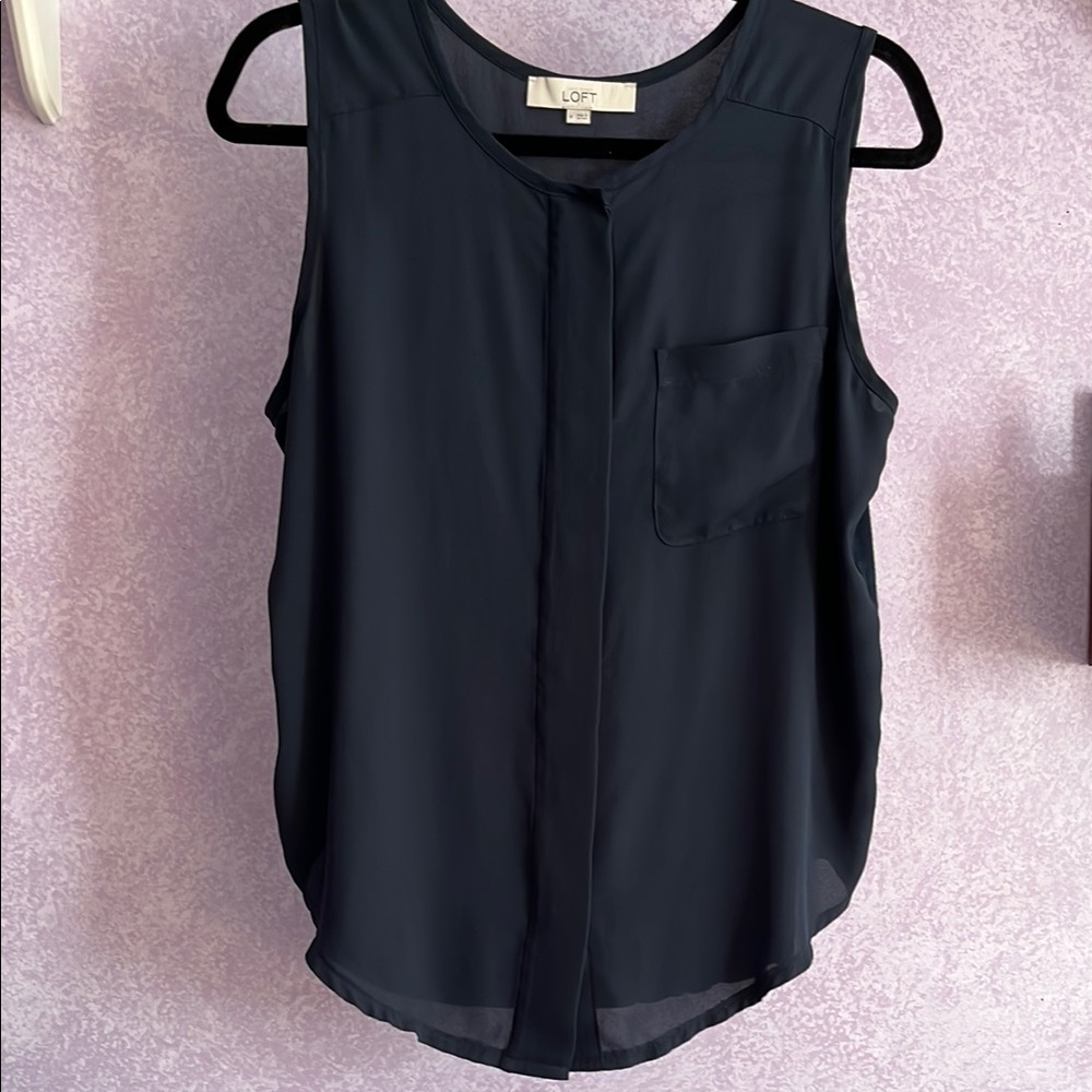LOFT sleeveless semi sheer black blouse with front pocket